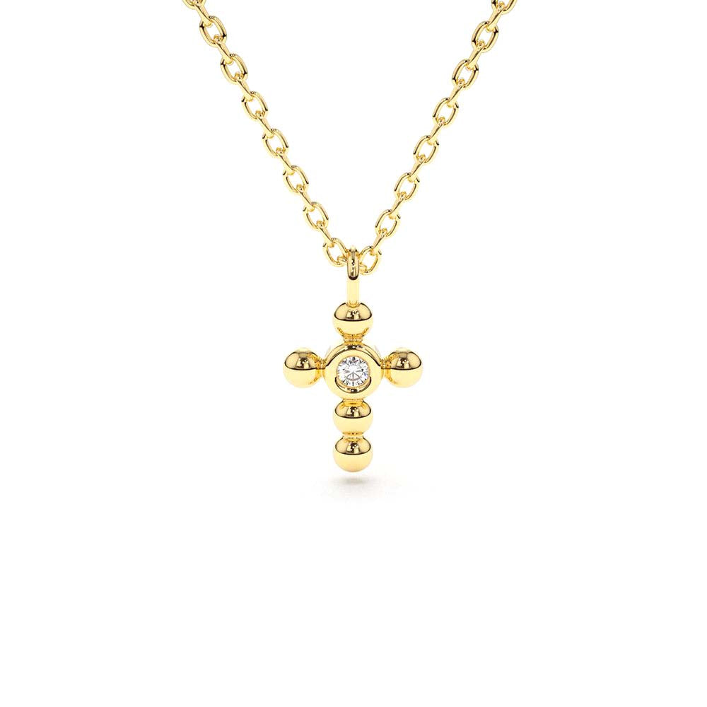 Tiny Ball Diamond Cross Necklace in 14K Gold — view 1