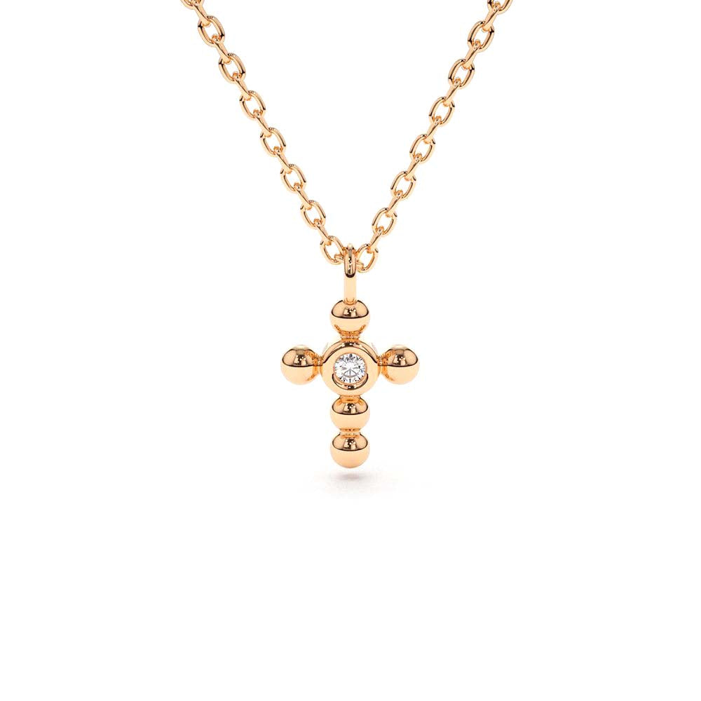 Tiny Ball Diamond Cross Necklace in 14K Gold — view 4