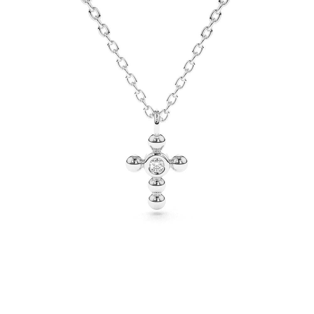 Tiny Ball Diamond Cross Necklace in 14K Gold — view 3
