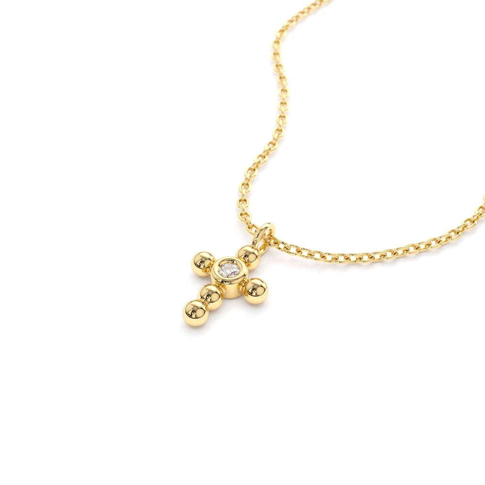 Tiny Ball Diamond Cross Necklace in 14K Gold — view 2