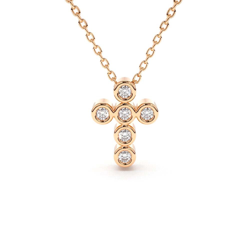 6 Stone Bezel Setting Diamond Cross Necklace in 14K Gold — view 4