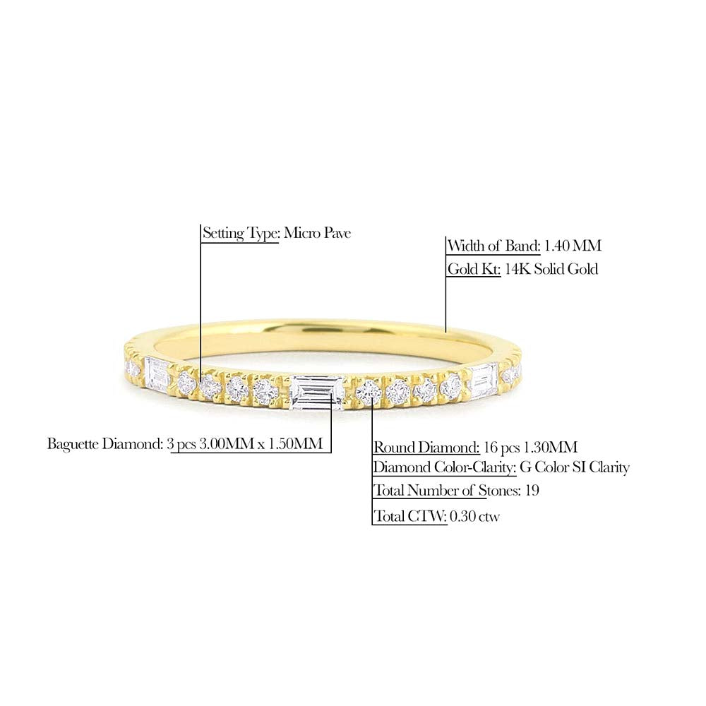Baguette and Round Cut Diamond Wedding Band in 14K Gold — view 2