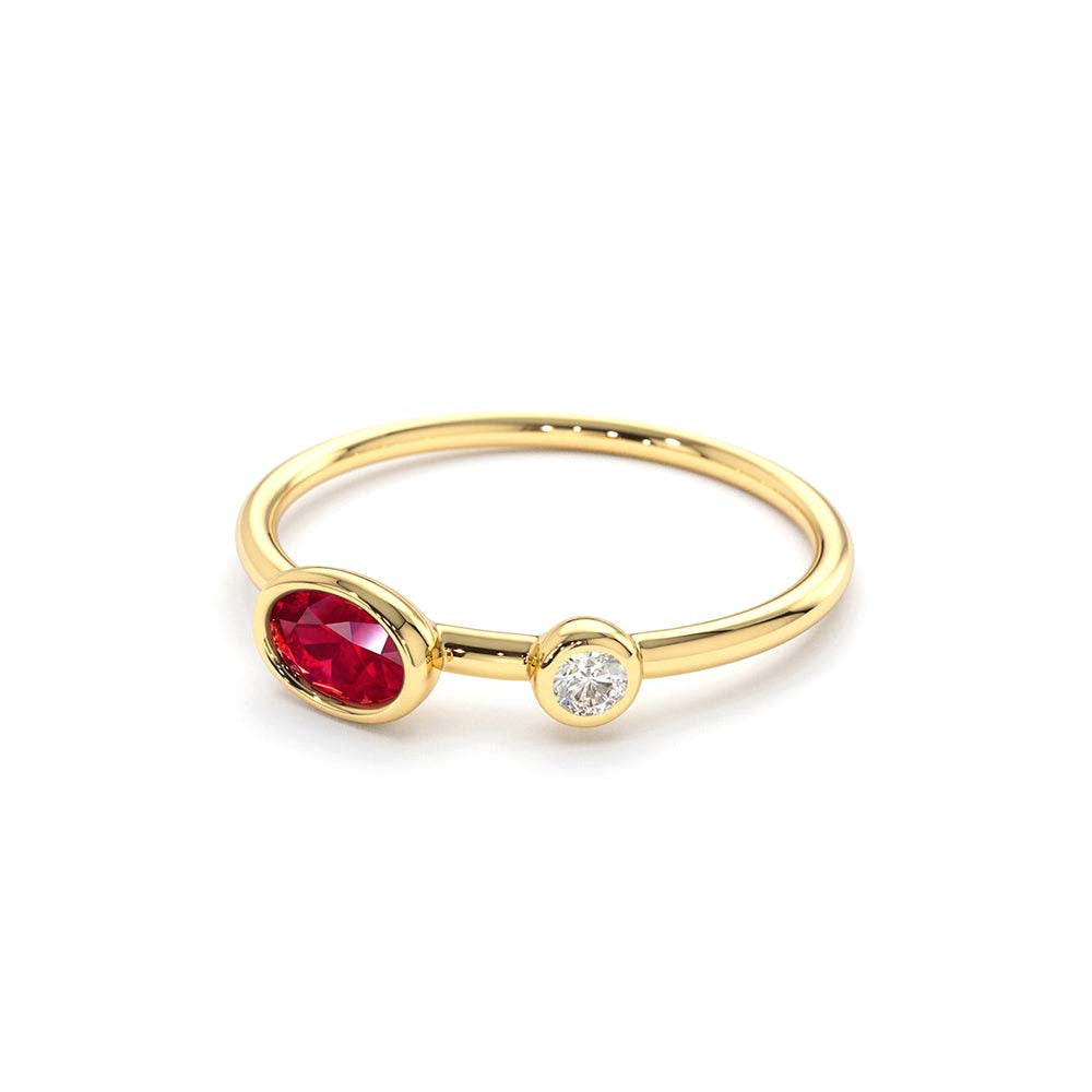 Oval Shape Bezel Setting Ruby and Diamond Ring in 14K Gold — view 2