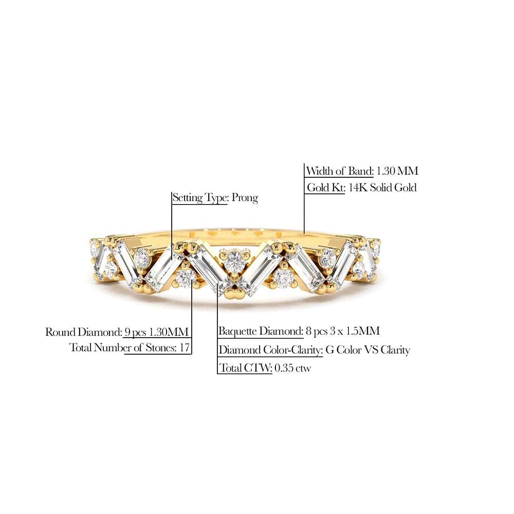 Slanted Baguette and Round Diamond Ring in 14K Gold — view 2