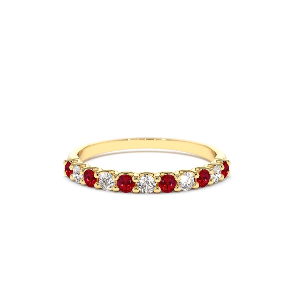 Shared Prong Ruby & Diamond Wedding Ring in 14K Gold — view 1