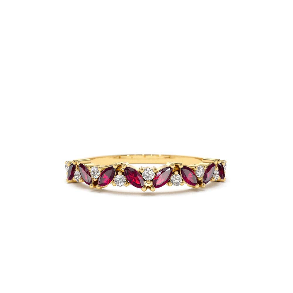 Slanted Ruby and Round Diamond Ring in 14K Gold — view 1