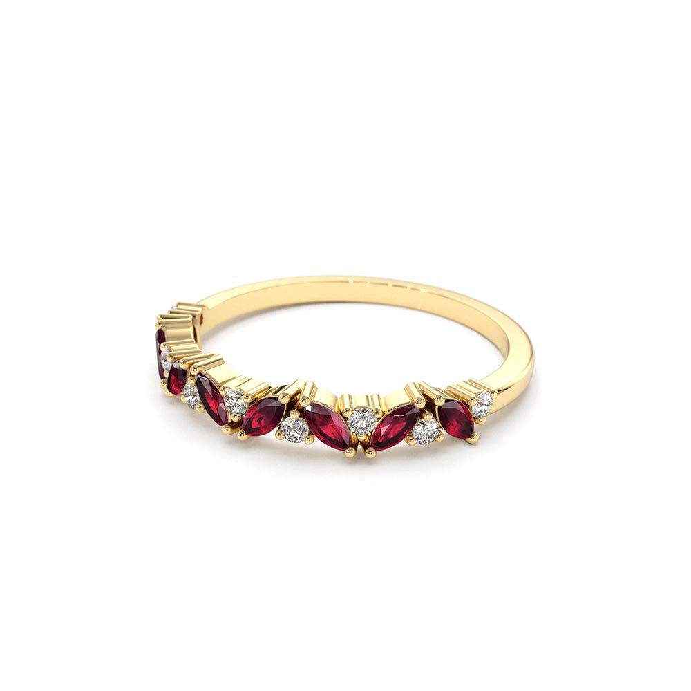 Slanted Ruby and Round Diamond Ring in 14K Gold — view 2