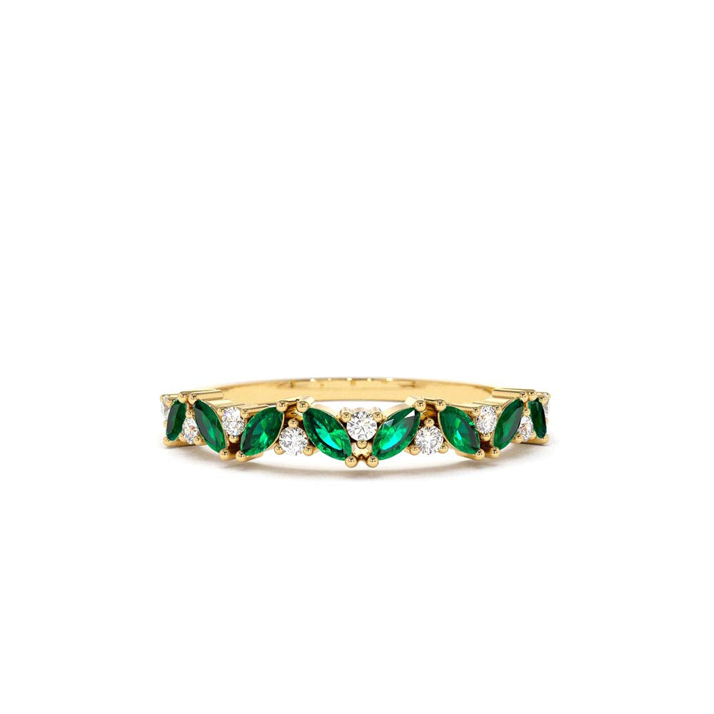 Slanted Emerald and Round Diamond Ring in 14K Gold — view 1