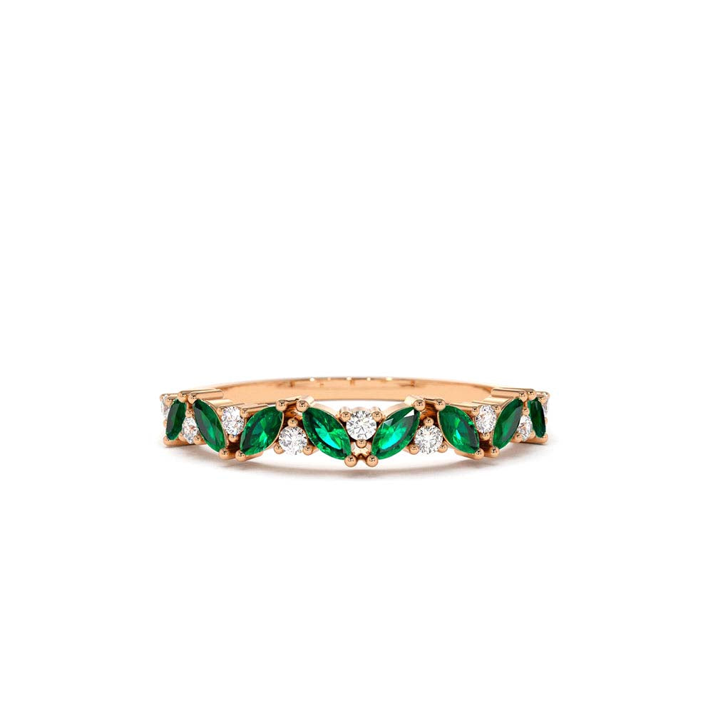 Slanted Emerald and Round Diamond Ring in 14K Gold — view 4