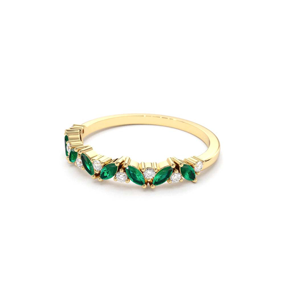 Slanted Emerald and Round Diamond Ring in 14K Gold — view 2