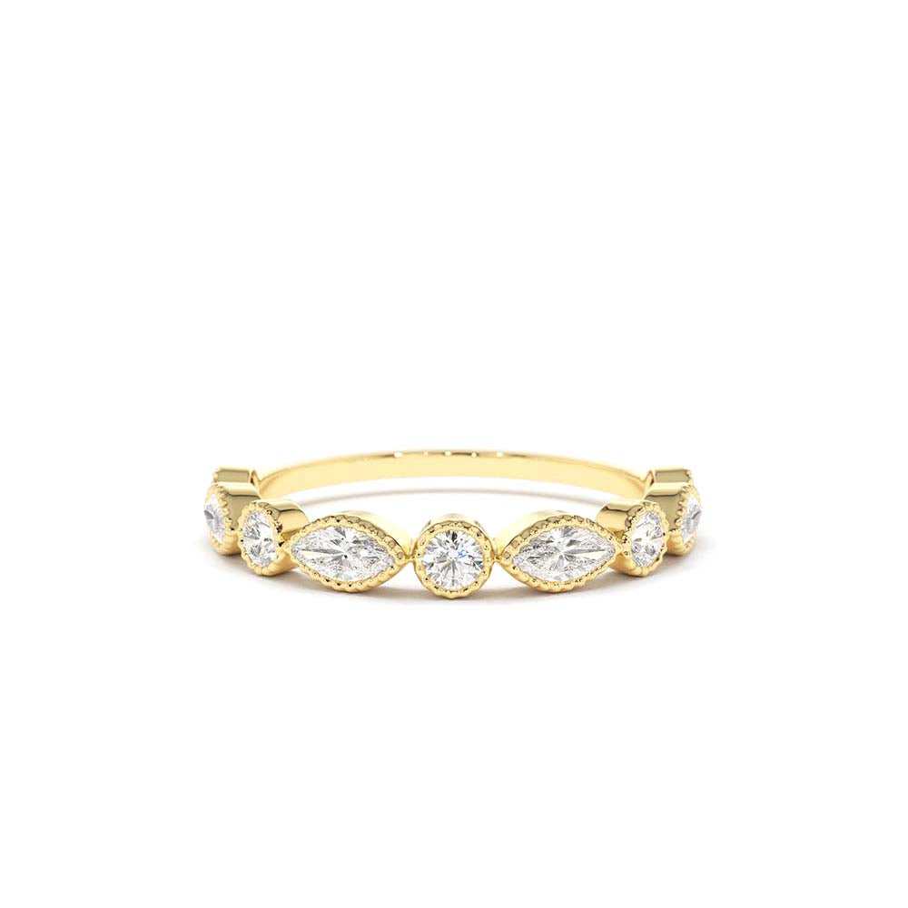 Marquise and Round Diamond Milgrain Bezel Setting Ring in 14K Gold — view 1