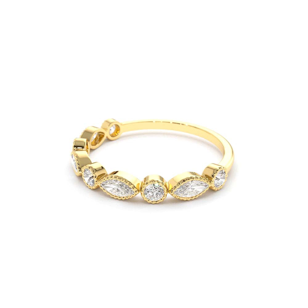 Marquise and Round Diamond Milgrain Bezel Setting Ring in 14K Gold — view 2