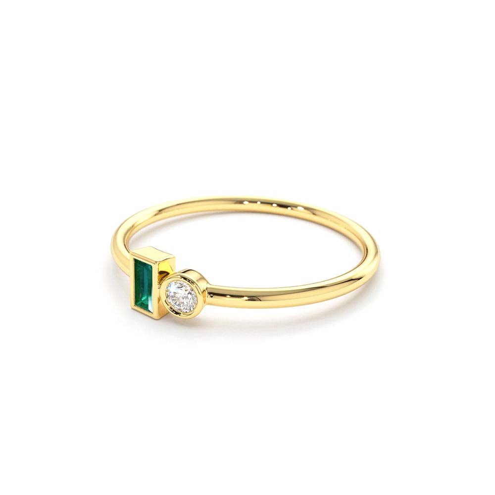 Baguette Emerald and Diamond Stackable Ring in 14K Gold — view 2
