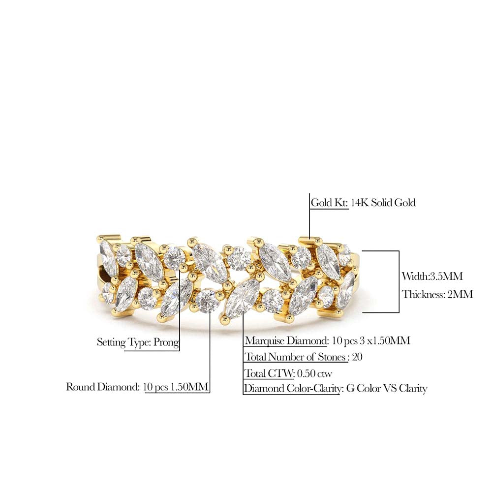 Two Row Marquise & Round Diamond Ring in 14K Gold — view 2