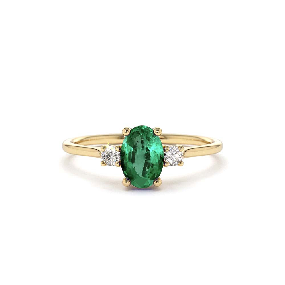 Oval Shape Emerald and Diamond 3 Stone Ring in 14K Gold — view 1