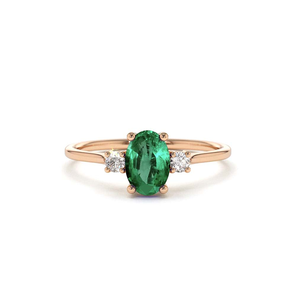 Oval Shape Emerald and Diamond 3 Stone Ring in 14K Gold — view 4