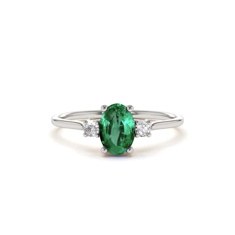 Oval Shape Emerald and Diamond 3 Stone Ring in 14K Gold — view 3