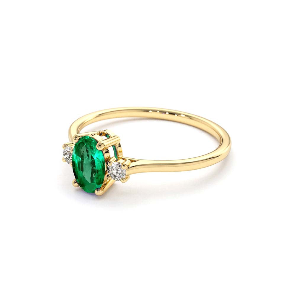 Oval Shape Emerald and Diamond 3 Stone Ring in 14K Gold — view 2
