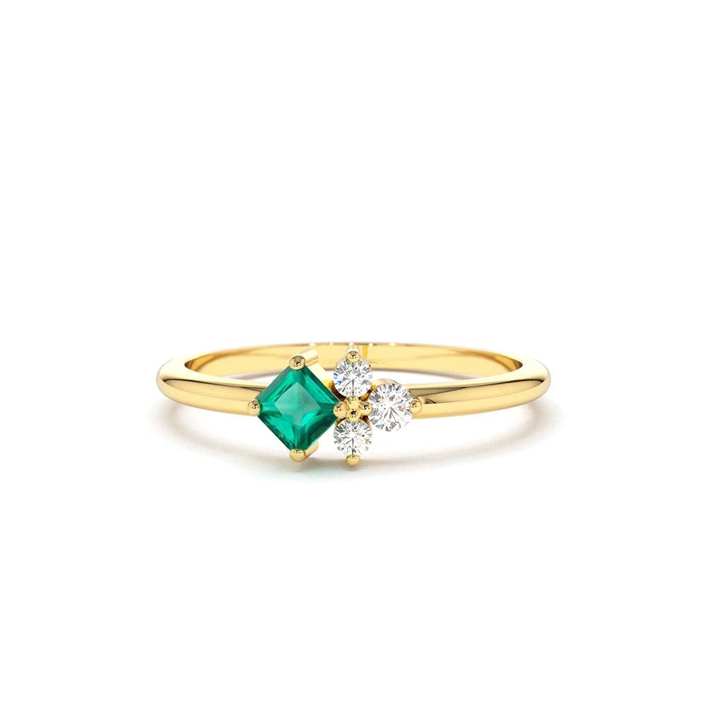 Dainty Princess Cut Emerald and Diamond Ring in 14K Gold — view 1