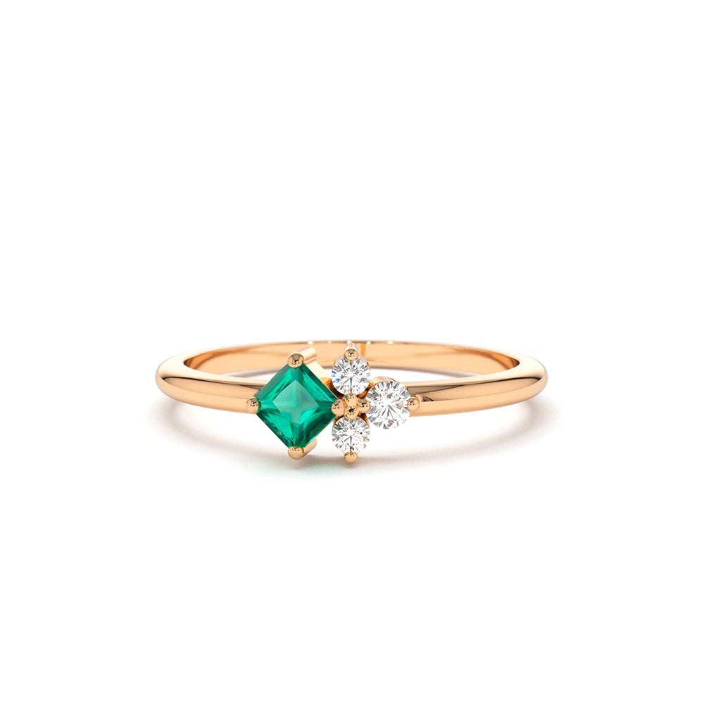 Dainty Princess Cut Emerald and Diamond Ring in 14K Gold — view 5