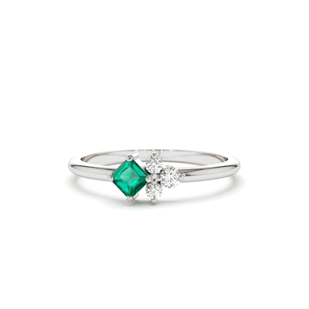 Dainty Princess Cut Emerald and Diamond Ring in 14K Gold — view 4