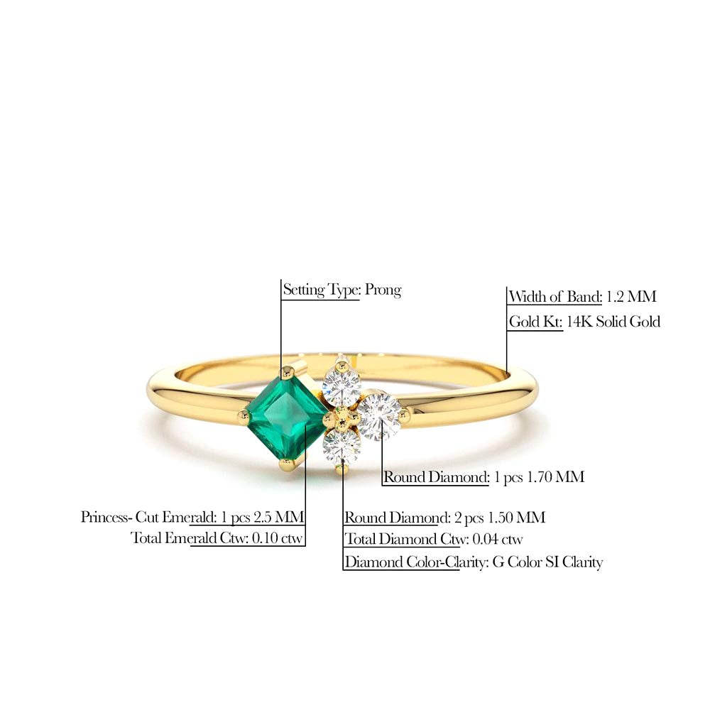Dainty Princess Cut Emerald and Diamond Ring in 14K Gold — view 2