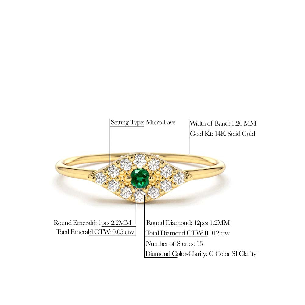 Diamond and Emerald Evil Eye Ring in 14K Gold — view 2