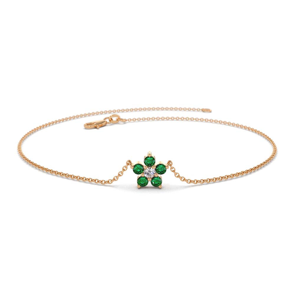 Emerald and Diamond Flower Charm Bracelet in 14K Gold — view 6