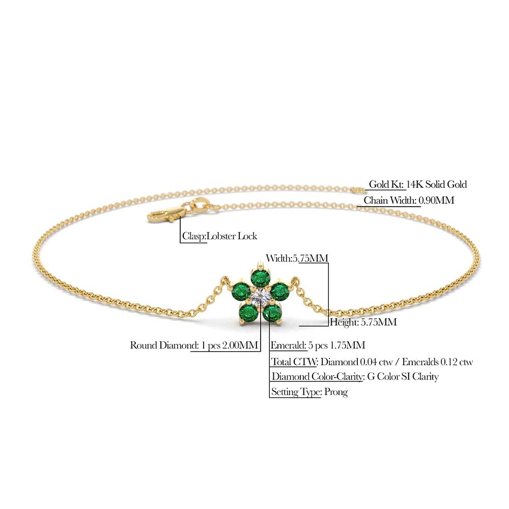 Emerald and Diamond Flower Charm Bracelet in 14K Gold — view 2