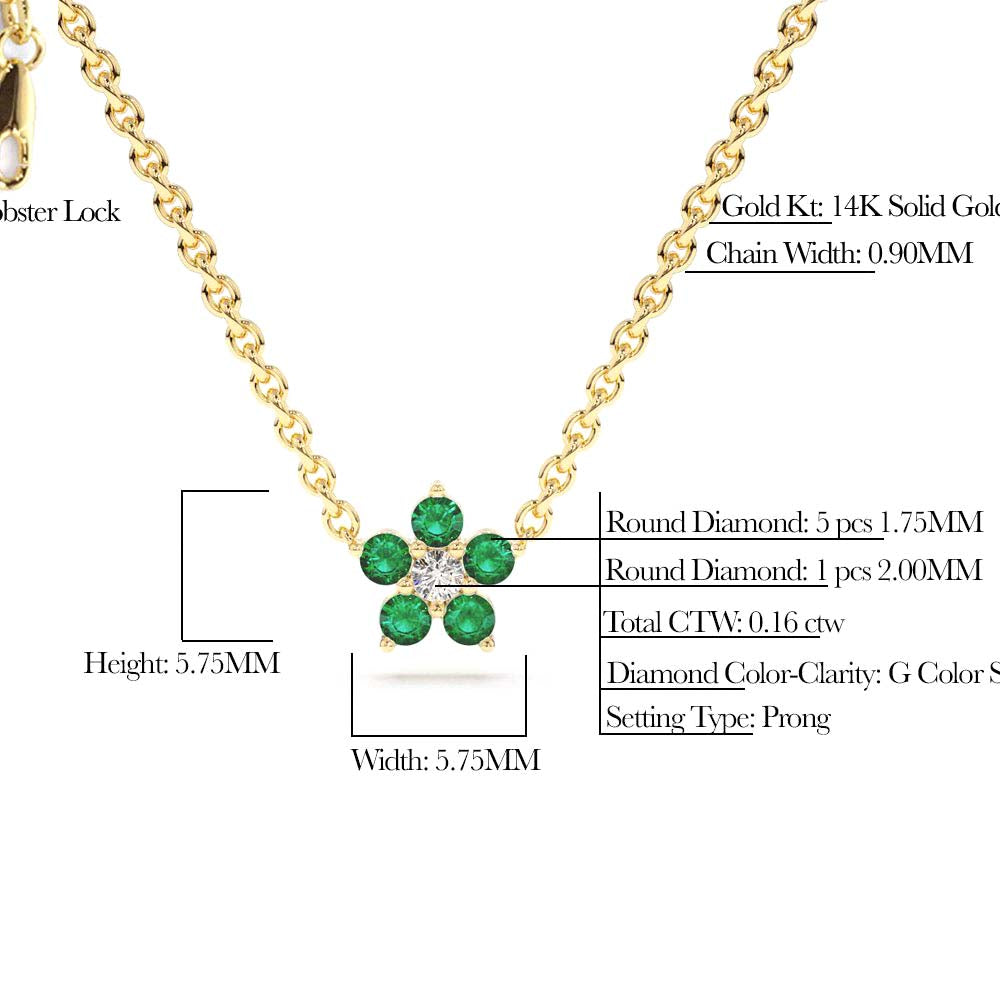 Emerald and Diamond Flower Charm Necklace in 14K Gold — view 4