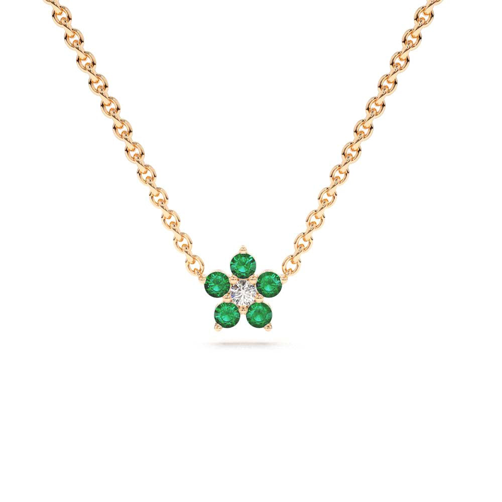 Emerald and Diamond Flower Charm Necklace in 14K Gold — view 3