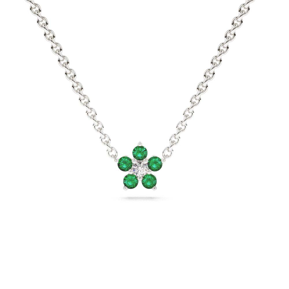 Emerald and Diamond Flower Charm Necklace in 14K Gold — view 2
