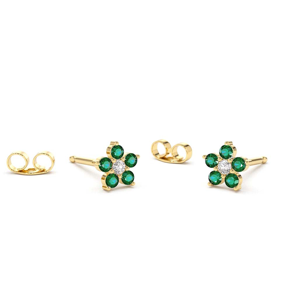 Emerald and Diamond Flower Studs in 14K Gold — view 1