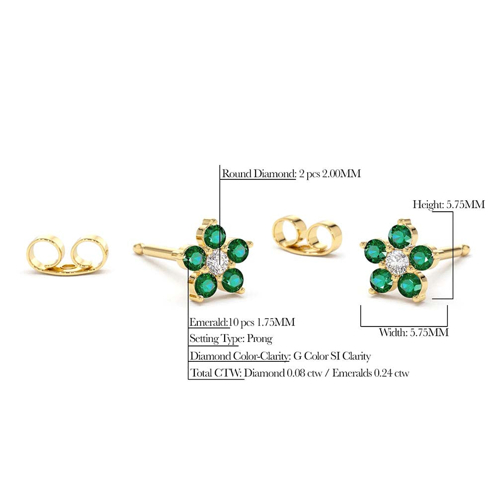 Emerald and Diamond Flower Studs in 14K Gold — view 2