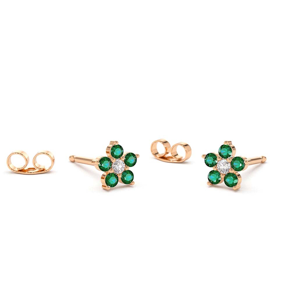 Emerald and Diamond Flower Studs in 14K Gold — view 4