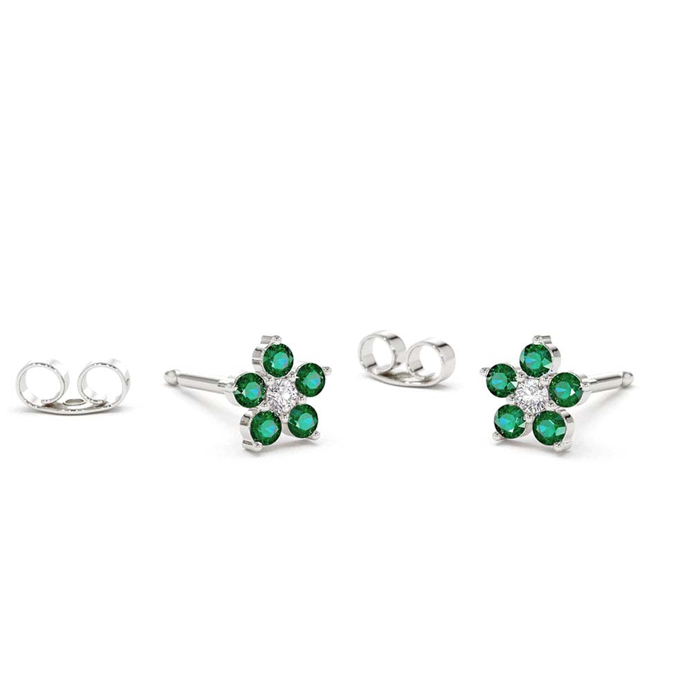 Emerald and Diamond Flower Studs in 14K Gold — view 3