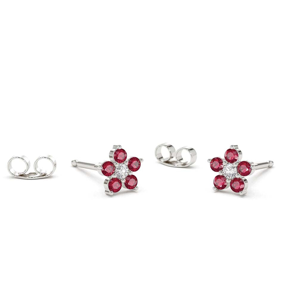 Ruby and Diamond Flower Studs in 14K Gold — view 2