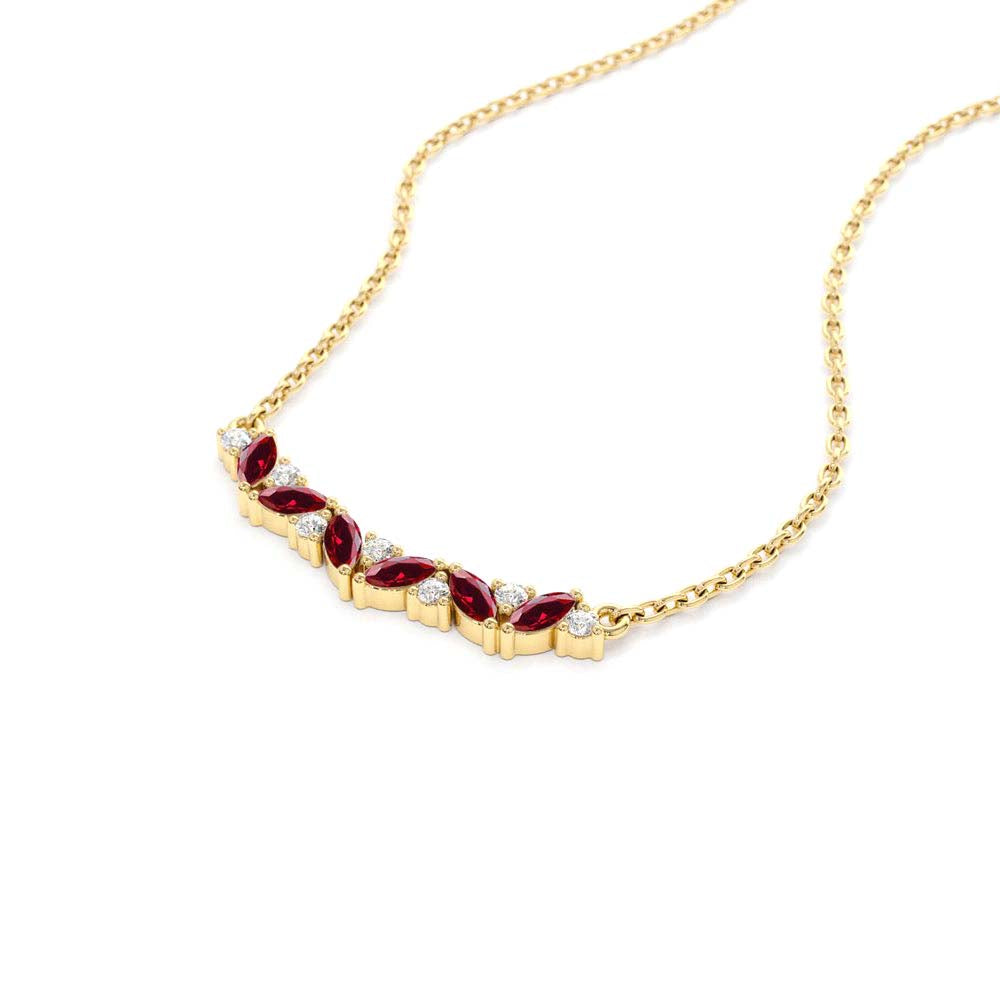 Slanted Ruby and Round Diamond Necklace in 14K Gold — view 2