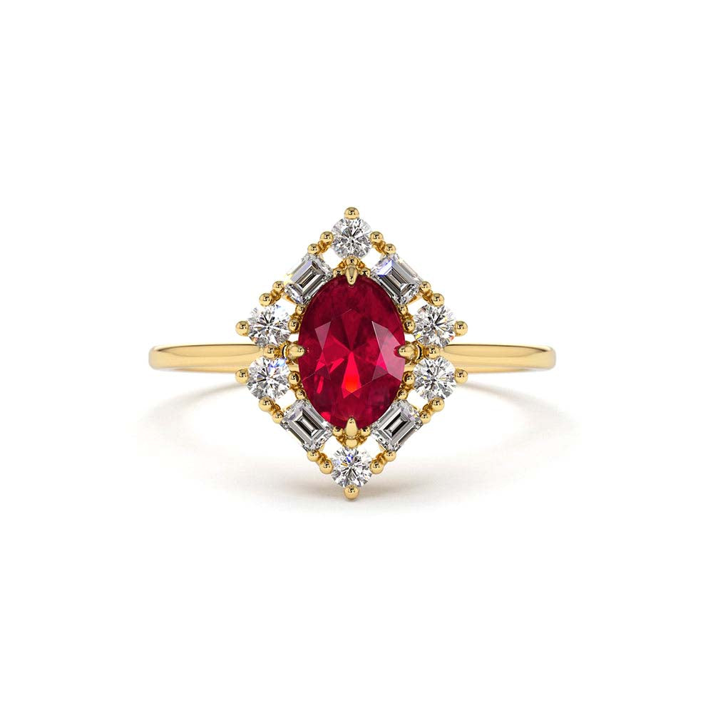Unique Natural Ruby and Baguette Ring in 14K Gold — view 1