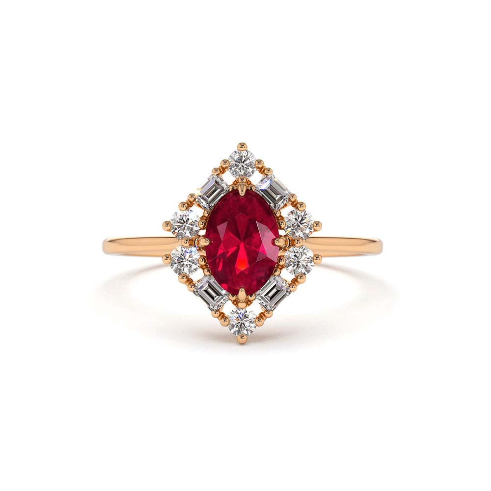 Unique Natural Ruby and Baguette Ring in 14K Gold — view 5