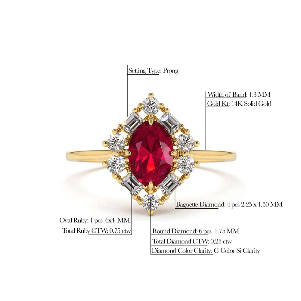 Unique Natural Ruby and Baguette Ring in 14K Gold — view 2