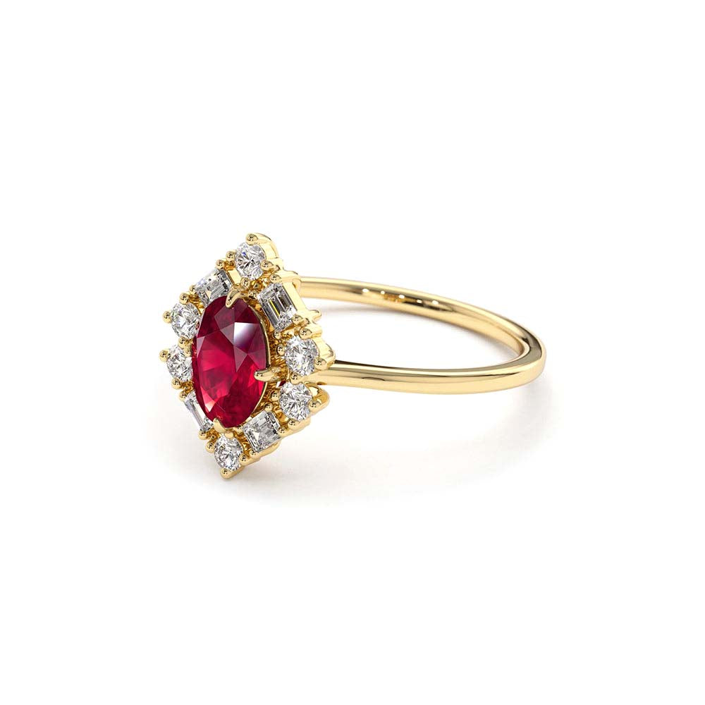 Unique Natural Ruby and Baguette Ring in 14K Gold — view 3