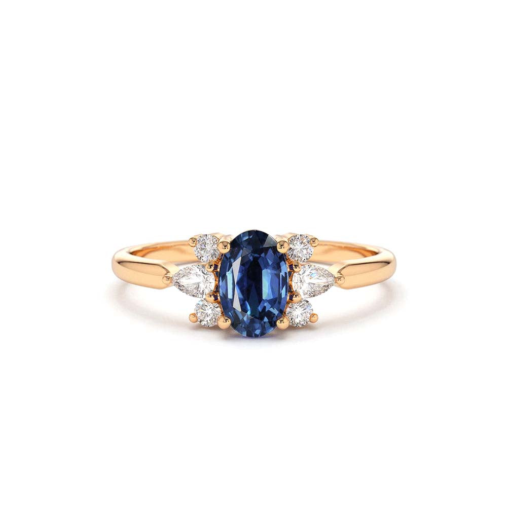 Oval Cut Genuine Sapphire Diamond Ring in 14K Gold — view 4