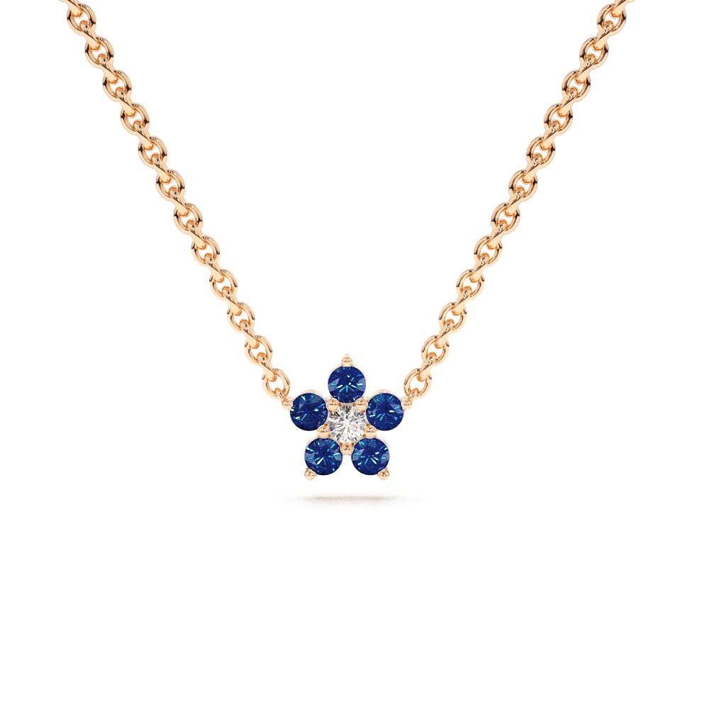 Sapphire and Diamond Flower Charm Necklace in 14K Gold — view 3