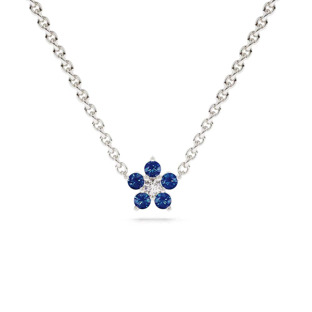 Sapphire and Diamond Flower Charm Necklace in 14K Gold — view 2