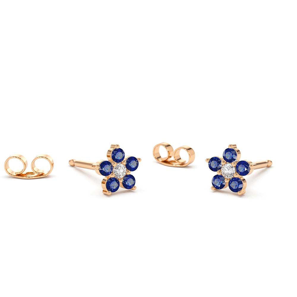 Sapphire and Diamond Flower Studs in 14K Gold — view 3
