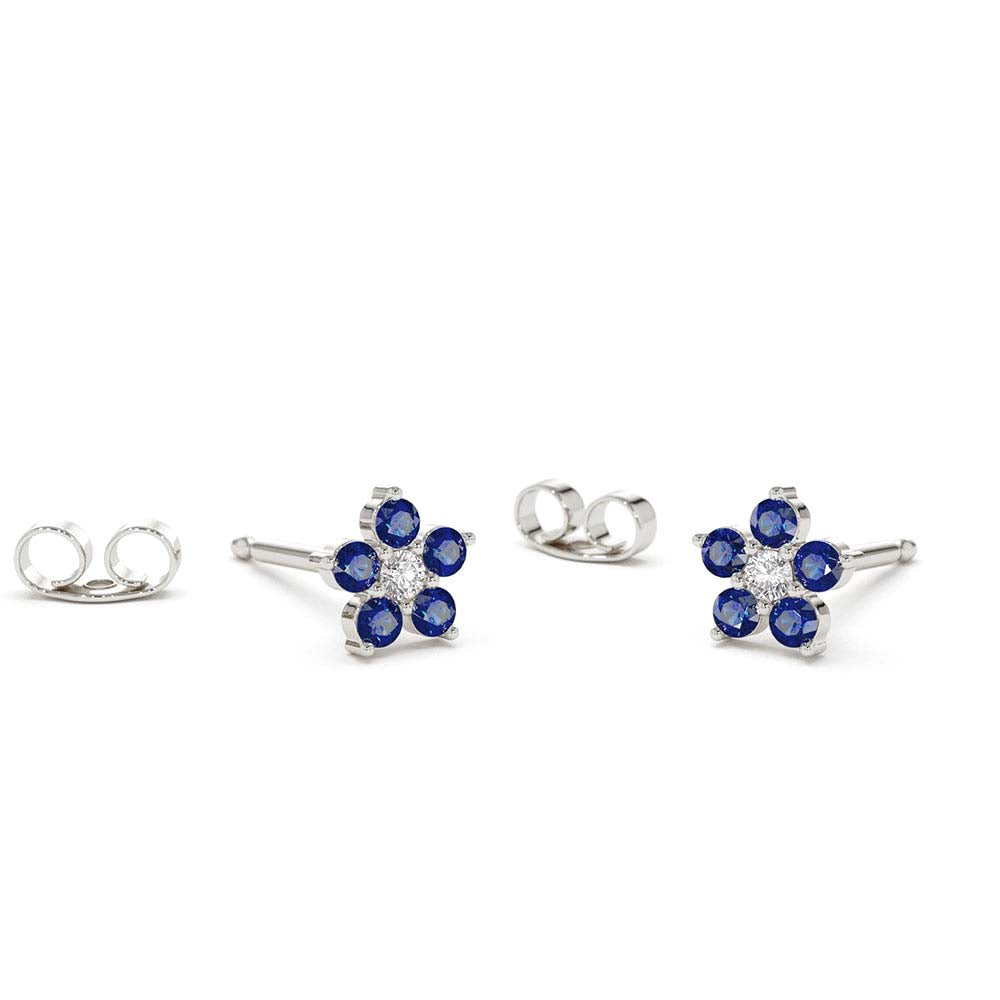 Sapphire and Diamond Flower Studs in 14K Gold — view 2