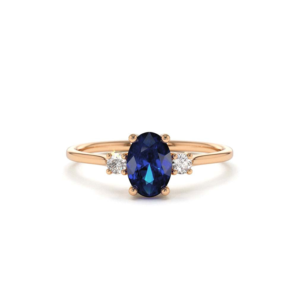Oval Shape Sapphire and Diamond 3 Stone Ring in 14K Gold — view 4