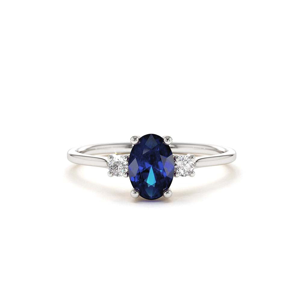 Oval Shape Sapphire and Diamond 3 Stone Ring in 14K Gold — view 3