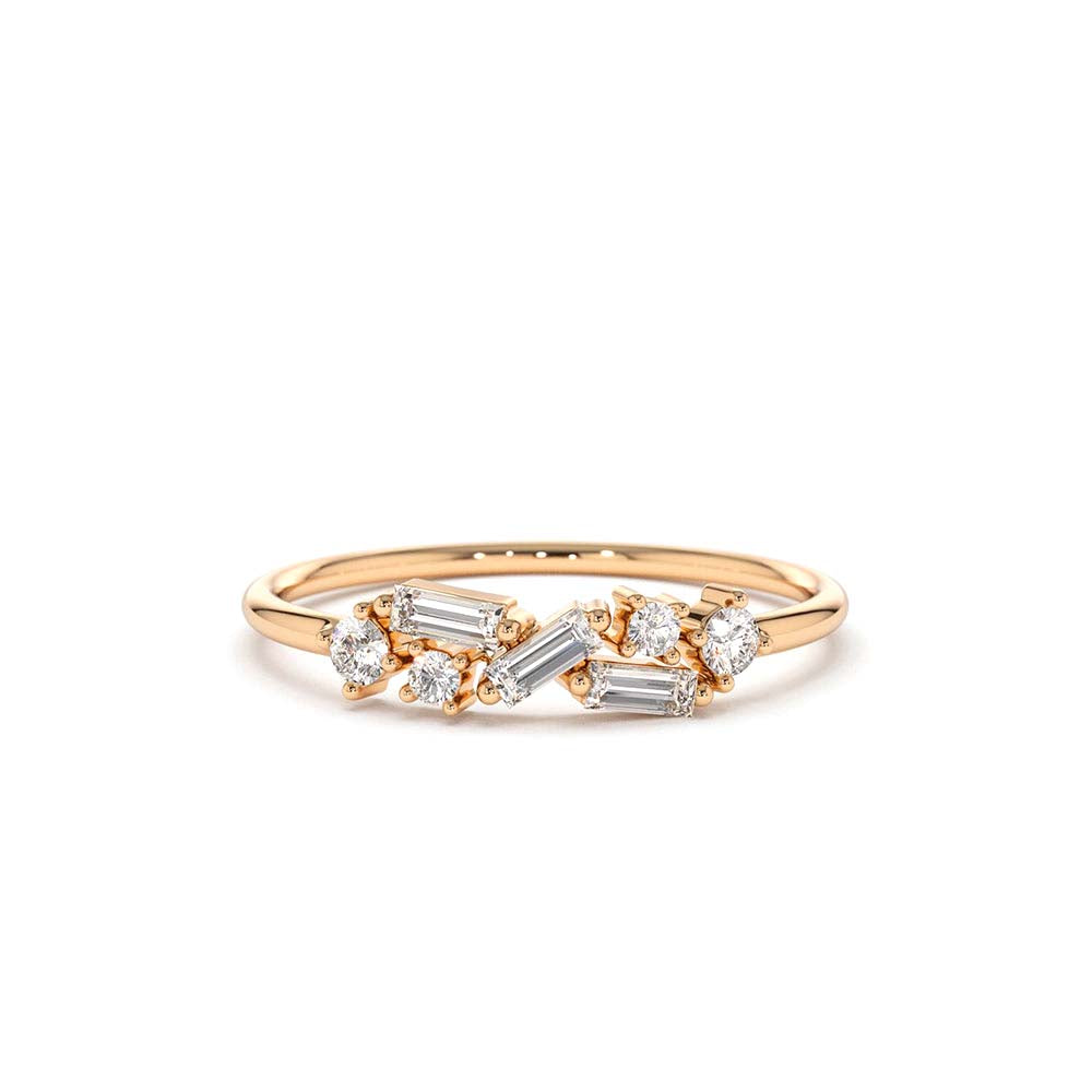 Scattered Baguette and Round Diamond Ring in 14K Gold — view 4